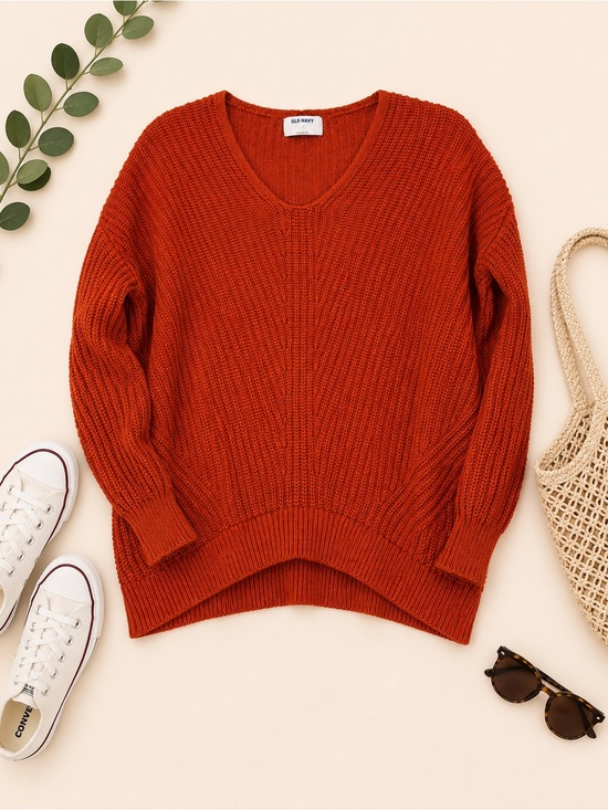 Old Navy Sweaters - Old Navy Rust Orange Chunky Knit V Neck Sweater Size L Oversized